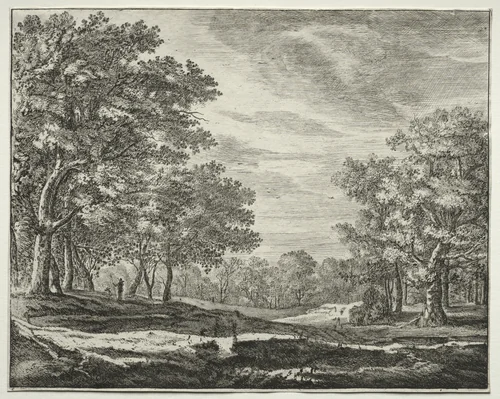Six views in the Wood of the Hague: Plate 5, A Man with a Staff in His Hand by Roelant Roghman, print, 1640-1652