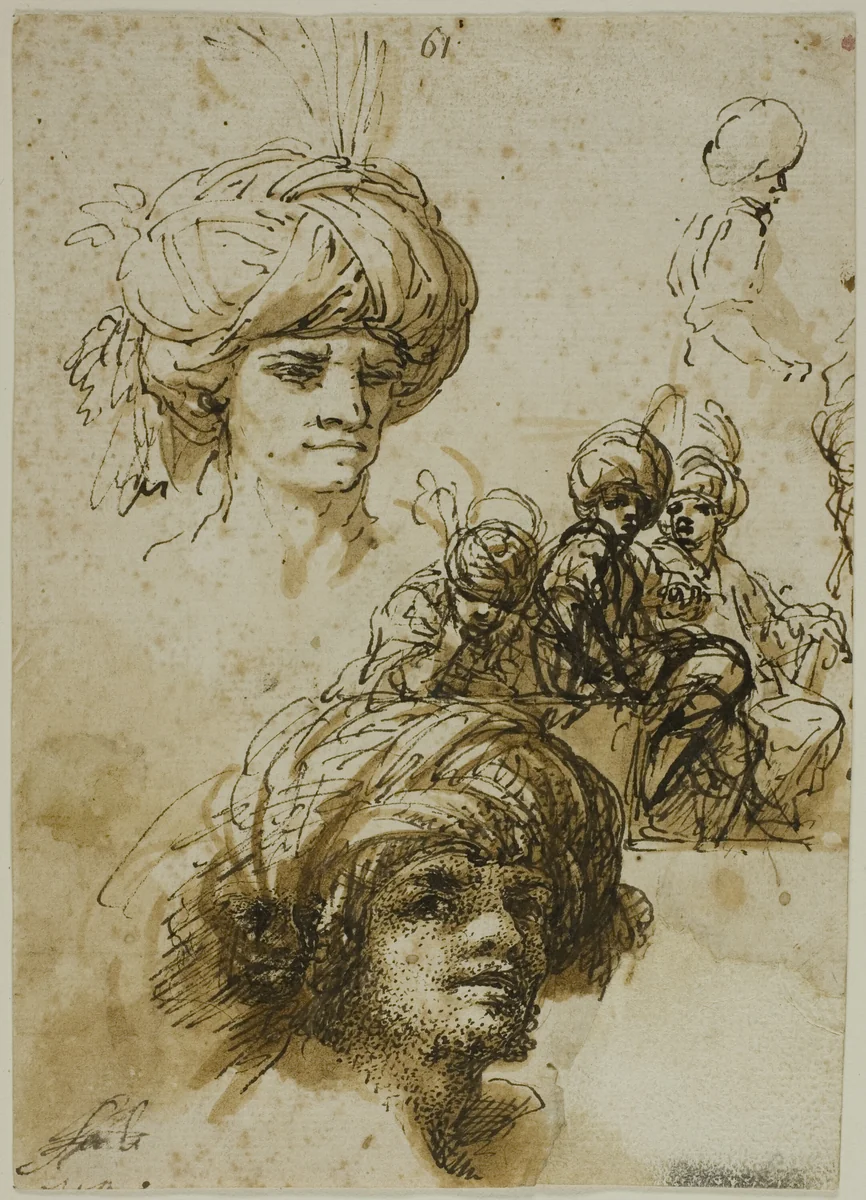 Sketches of Turbanned Men (recto); Fragment of a Figure and Sketches of Foliated Architectural Ornament (verso) by Salvator Rosa, drawing, 1632-1673
