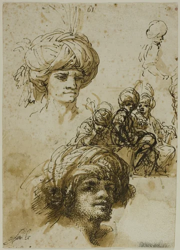 Sketches of Turbanned Men (recto); Fragment of a Figure and Sketches of Foliated Architectural Ornament (verso) by Salvator Rosa, drawing, 1632-1673