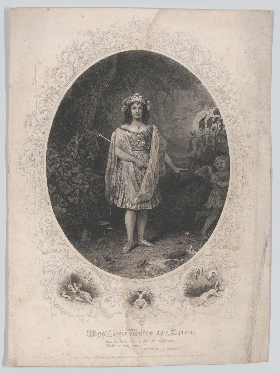 Miss Lizzie Weston as Oberon: "And Maidens call it, love in idleness. Fetch me that flower" (Midsummer Night's Dream, Act 2, Scene 2) by Martin & Johnson, print, 1855