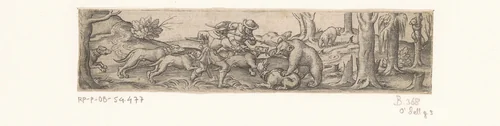 Berenjacht met een beer die een boom in klimt by Unknown, print, 1524-1562