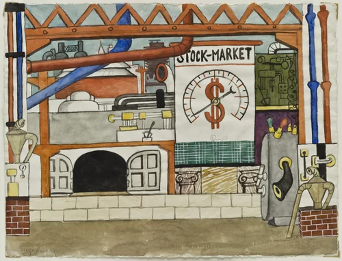 Stock Market. Set design for scene four of the ballet H.P. (Horsepower) by Diego Rivera, drawing, 1927