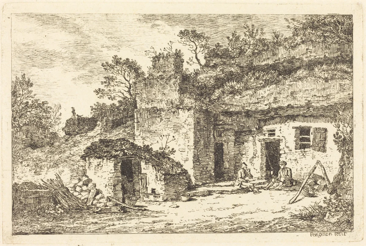 A Cottage with Two Men Seated at the Doorway by Nicolas Pérignon, print, 1770