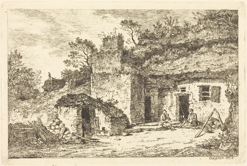 A Cottage with Two Men Seated at the Doorway by Nicolas Pérignon, print, 1770