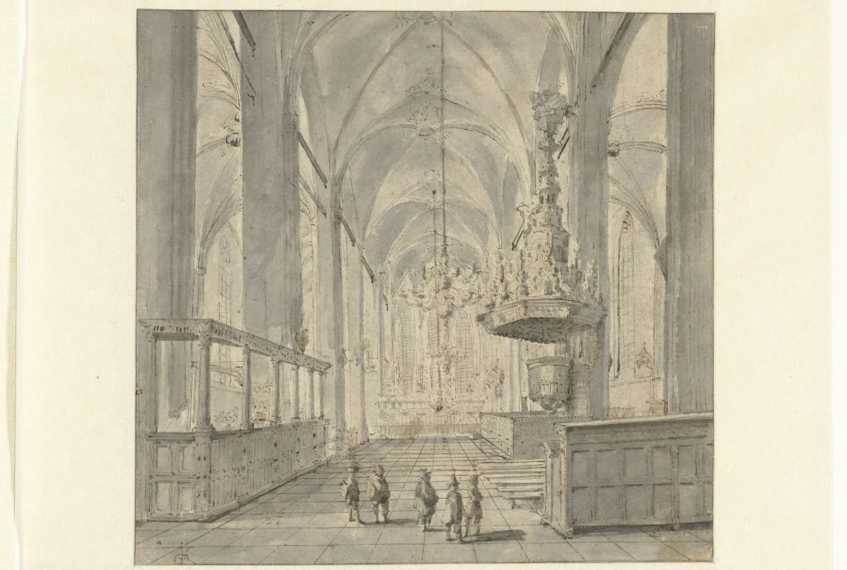Interieur van de Sint-Michaëlskerk te Zwolle by Jan Gerritsz van Cuylenburg, drawing, 1600-1699