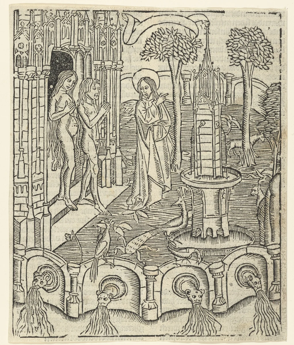 God toont Adam en Eva het Paradijs by Unknown, print, 1480-1500