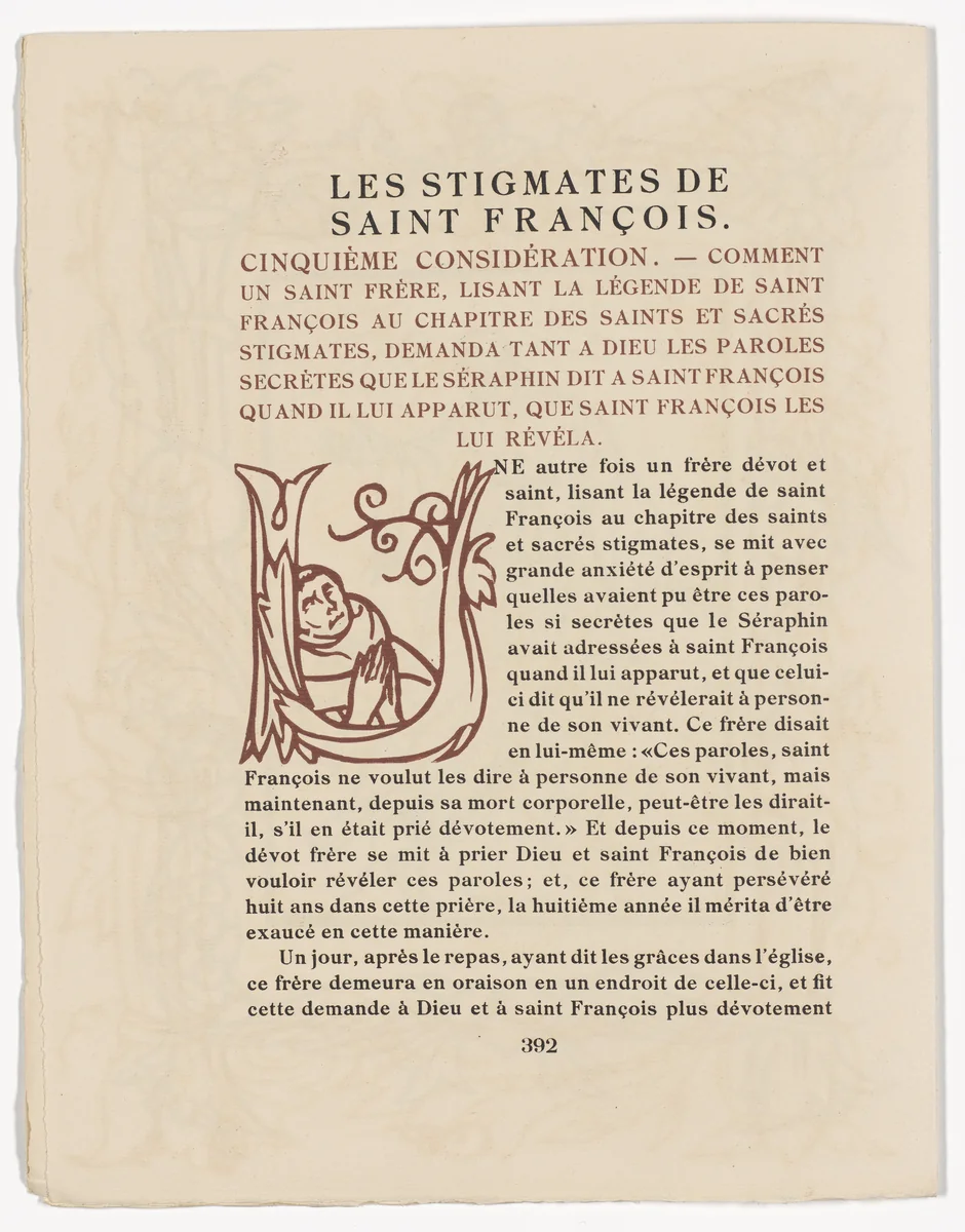 Pictorial initial (page 392) from Les Petites Fleurs de St. François (The Little Flowers of St. Francis) by Émile Bernard, illustrated book, 1928