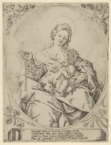 The Virgin seated holding a rosary in her right hand, the infant Christ on her lap holding several rosaries, in an oval frame with flowers surrounding it and a tablet with inscription at the base by anonymous, print, 1600-1699