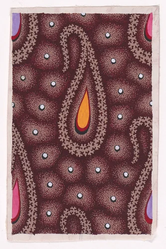 Textile Design with Alternating Rows of Paisley Motifs Outlined with Branches and Decorated with a Teardrop Shape over an Abstract Honeycomb Pattern Decorated with Pearls by anonymous, drawing, 1840