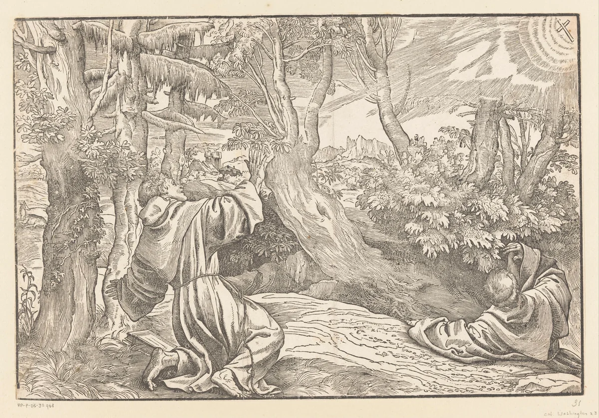 Heilige Franciscus ontvangt de stigmata by Titiaan, print, 1530