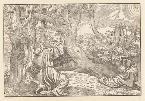 Heilige Franciscus ontvangt de stigmata by Titiaan, print, 1530