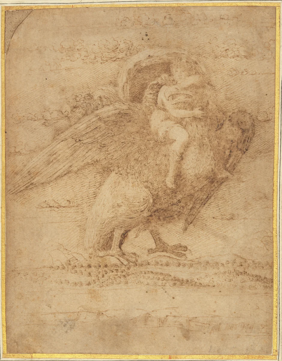 Jupiter and Ganymede Above an Extensive Landscape by Giovanni Bellini, drawing, 1490-1499