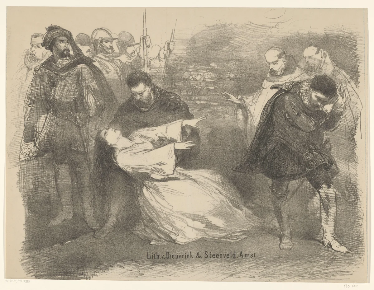 Scène uit het toneelstuk Fatma by Charles Rochussen, print, 1859-1864