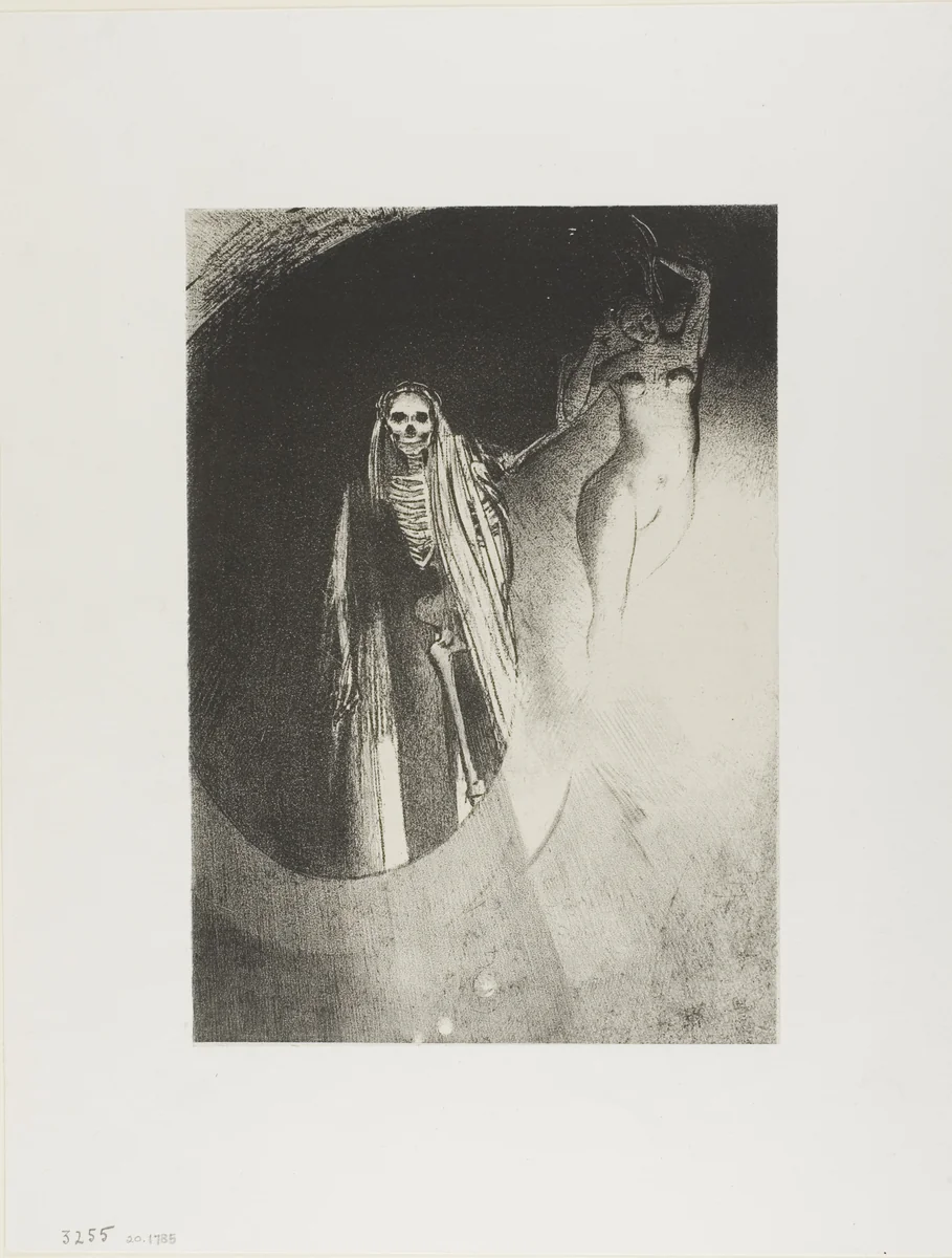 Death: It is I Who Make You Serious; Let Us Embrace Each Other, plate 20 of 24 by Odilon Redon, print, 1896