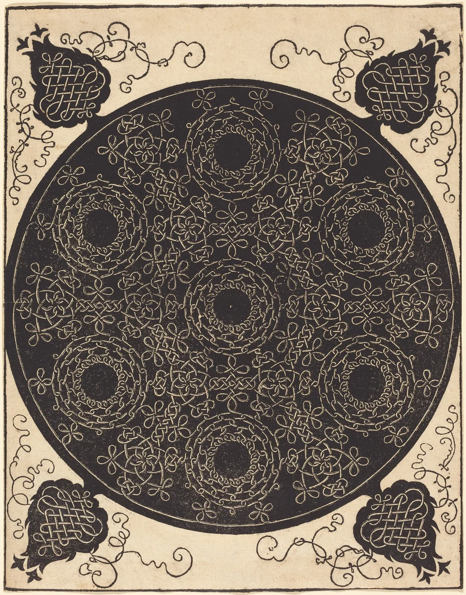 The Fourth Knot (combining seven circular groups of knots with black centers) by Albrecht Dürer, print, 1506-1507