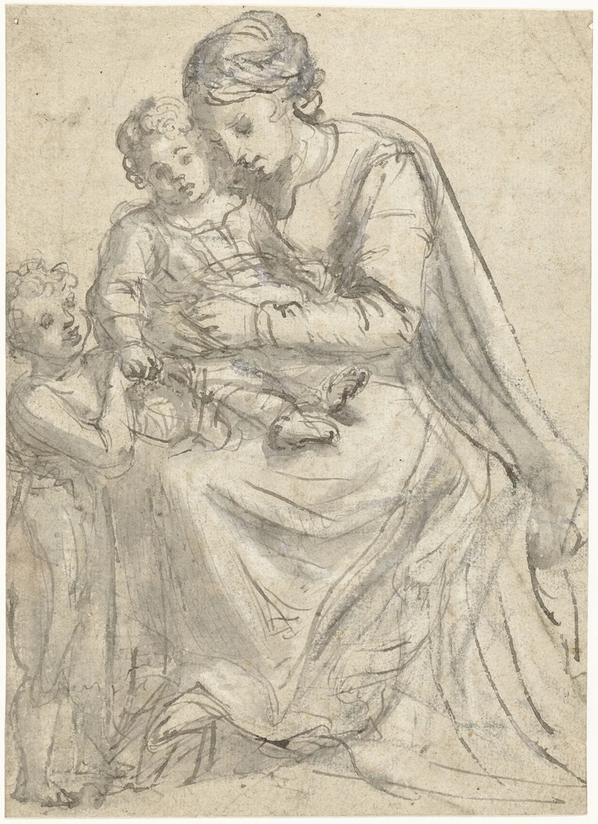 Madonna met Christuskind en Johannes-knaapje by Lionello Spada, drawing, 1605-1622