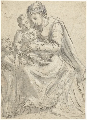Madonna met Christuskind en Johannes-knaapje by Lionello Spada, drawing, 1605-1622