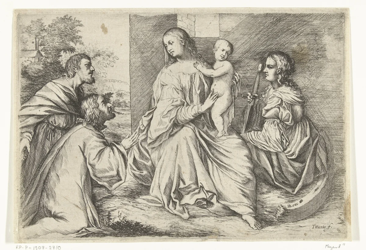 Maria met Christus en de heilige Catharina van Alexandrië by Willem Basse, print, 1633-1672