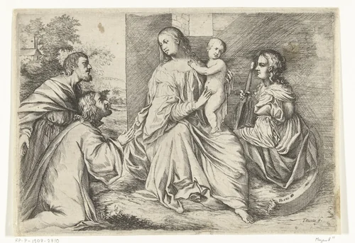 Maria met Christus en de heilige Catharina van Alexandrië by Willem Basse, print, 1633-1672