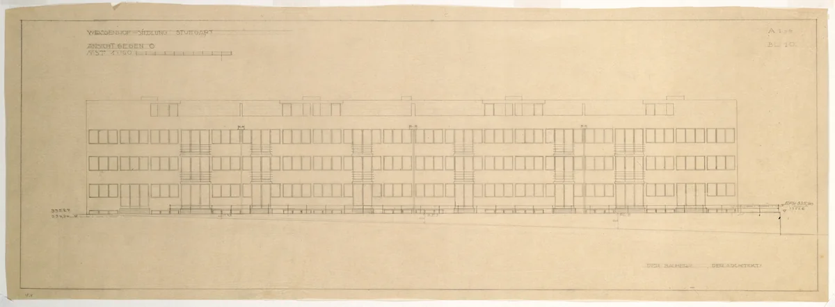 Weissenhof Apartment House, "The Dwelling" Exhibition, Stuttgart, Germany, East elevation by Ludwig Mies van der Rohe, mies van der rohe archive, 1926