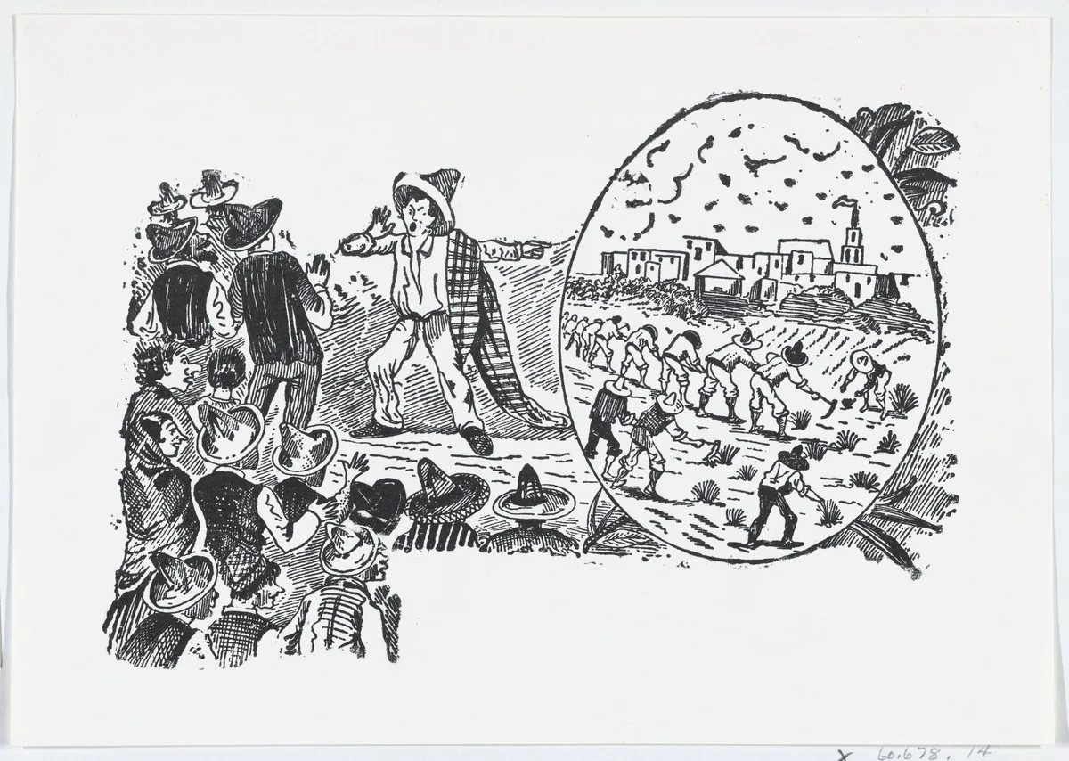 A man warning townspeople about what could happen to them from a broadside entitled 'Deportados a las Islas Marias' by José Guadalupe Posada, print, 1875-1885