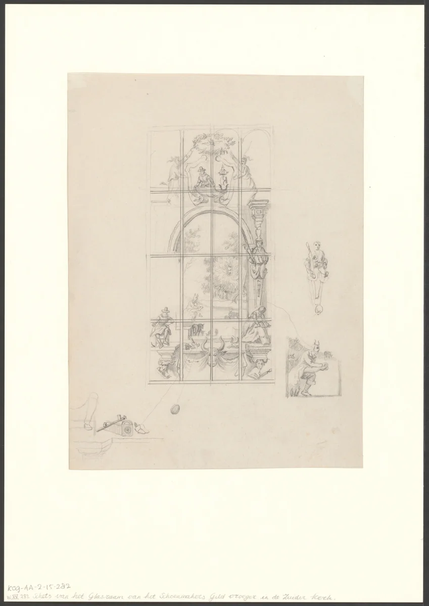 Glas-in-loodraam van het Schoenmakersgilde in de Zuiderkerk by anonymous, drawing, 1850-1950