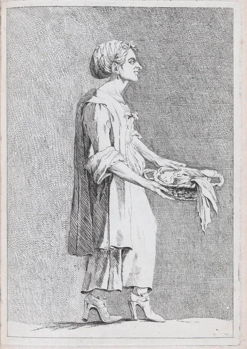 Rita Pontani, Laundress at the French Academy in Rome (?), pl. XII from "Recueil de caricatures" by Ange Laurent de La Live de Jully, print, 1749-1759