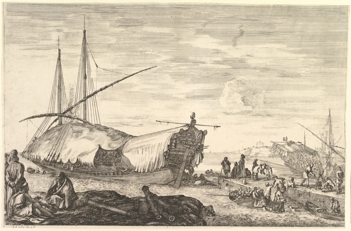 A galley covered in sails, from "Views of the port of Livorno" (Vues du port de Livourne) by Stefano della Bella, print, 1652-1657