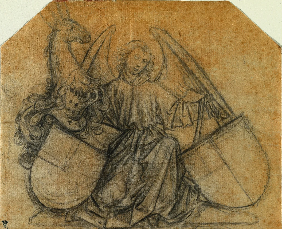 An Angel Supporting Two Escutcheons by Nikolaus Gerhaert, drawing, 1465-1475