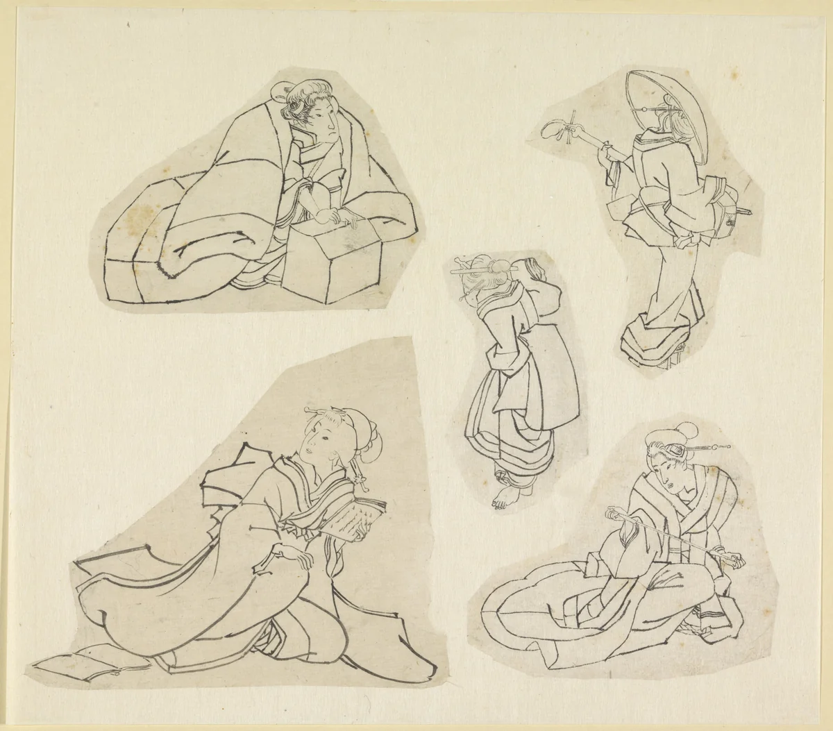 Vijf vrouwenfiguren by Katsushika Hokusai (葛飾 北斎), drawing, 1800-1900