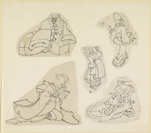 Vijf vrouwenfiguren by Katsushika Hokusai (葛飾 北斎), drawing, 1800-1900