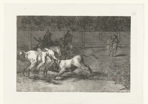 Mariano Ceballos doodt een stier by Francisco de Goya, print, 1811-1816