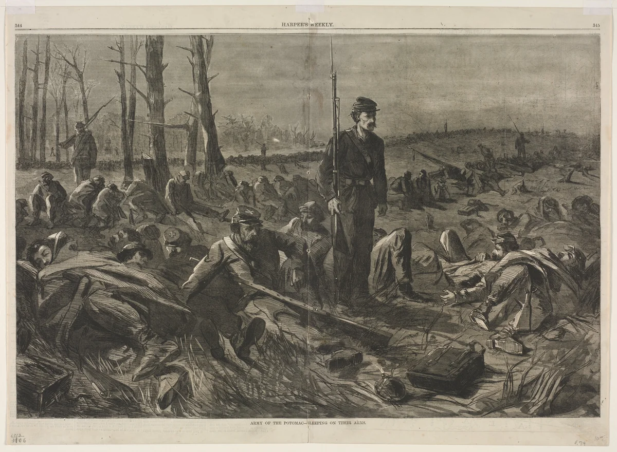 Army of othe Potomac - Sleeping on Their Arms by Winslow Homer, print, 1864