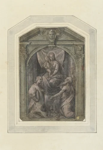 Ontwerp voor een altaarstuk met Madonna en twee heiligen by Enea Salmeggia, drawing, 1575-1626
