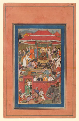 "Asaf khan Presents Offerings (?)", Folio from a Manuscript of the Akbarnama. Folio from the Davis Album by Abu'l Fazl, manuscript, 1579-1629