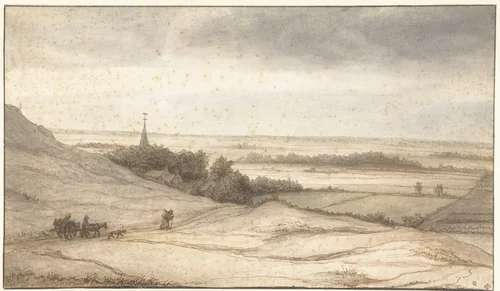 Gezicht vanuit de duinen op het dorpje Schoorl by Lambert Doomer, drawing, 1634-1700