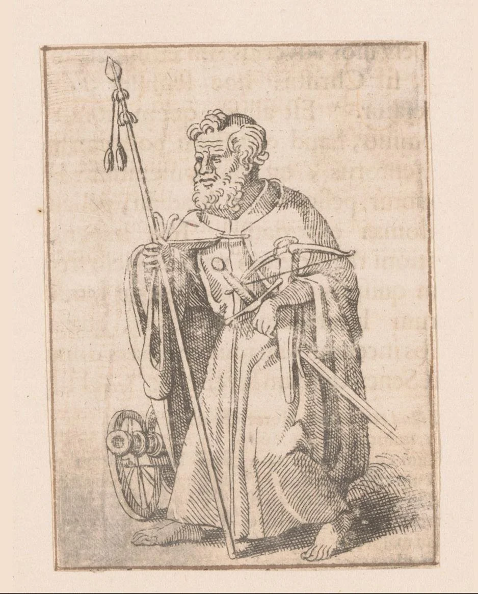 Apostel omgeven door oorlogswerktuigen by Caspar Merian, print, 1516