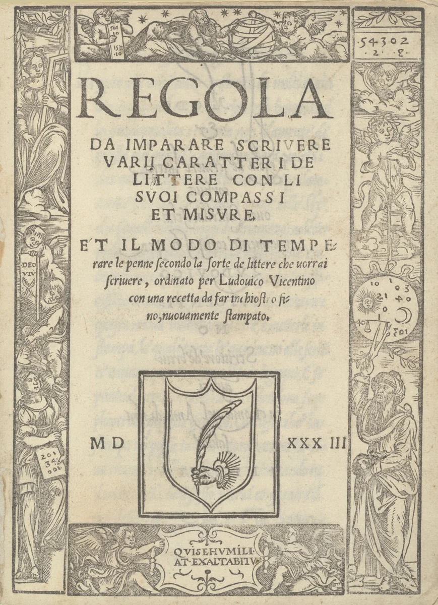 Regola da imparare scrivere varii caratteri de littere con li suoi compassi et misure: et il modo di temperare le penne... by Ugo da Carpi
Ludovico Arrighi, volume, 1533