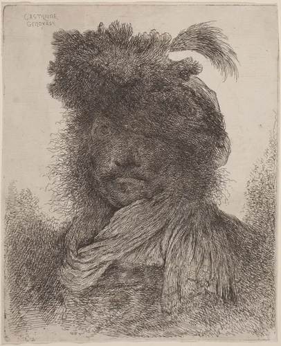 Bearded Man with Shadowed Face, Wearing a Scarf and a Plumed Hat by Giovanni Benedetto Castiglione, print, 1645-1650