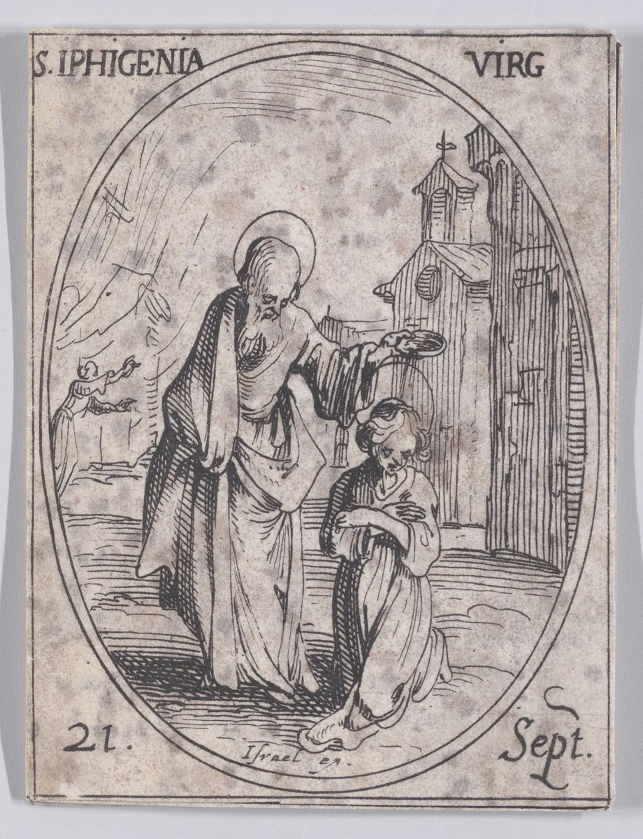 S. Iphigénie, vierge (St. Iphigenia, Virgin), September 21st, from "Les Images De Tous Les Saincts et Saintes de L'Année" (Images of All of the Saints and Religious Events of the Year) by Jacques Callot, print, 1636