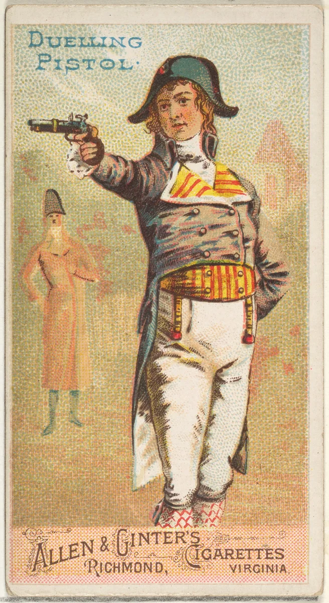 Duelling Pistol, from the Arms of All Nations series (N3) for Allen & Ginter Cigarettes Brands by Allen & Ginter, print, 1887
