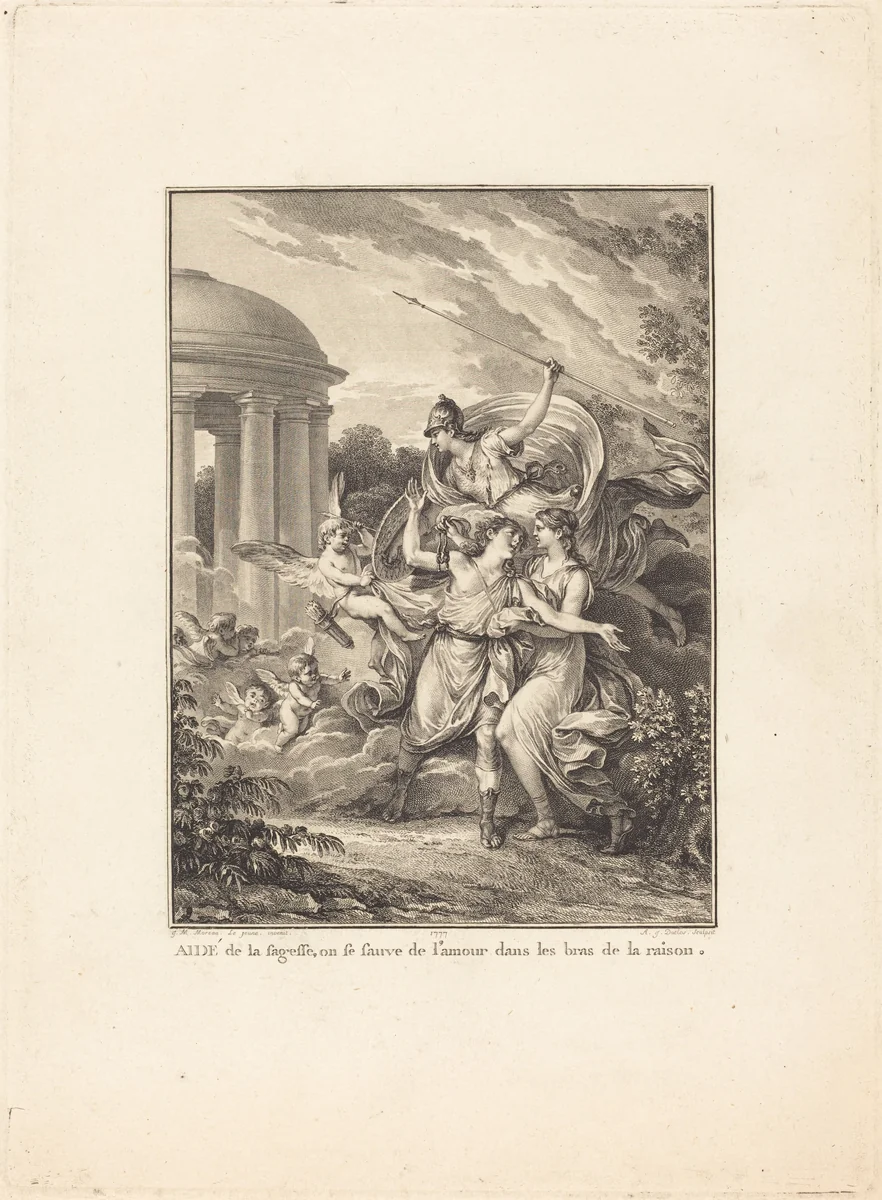 Frontispiece: Aidé de la sagesse, on se sauve de l'amour dans les bras de la raison by Antoine-Jean Duclos, print, 1777