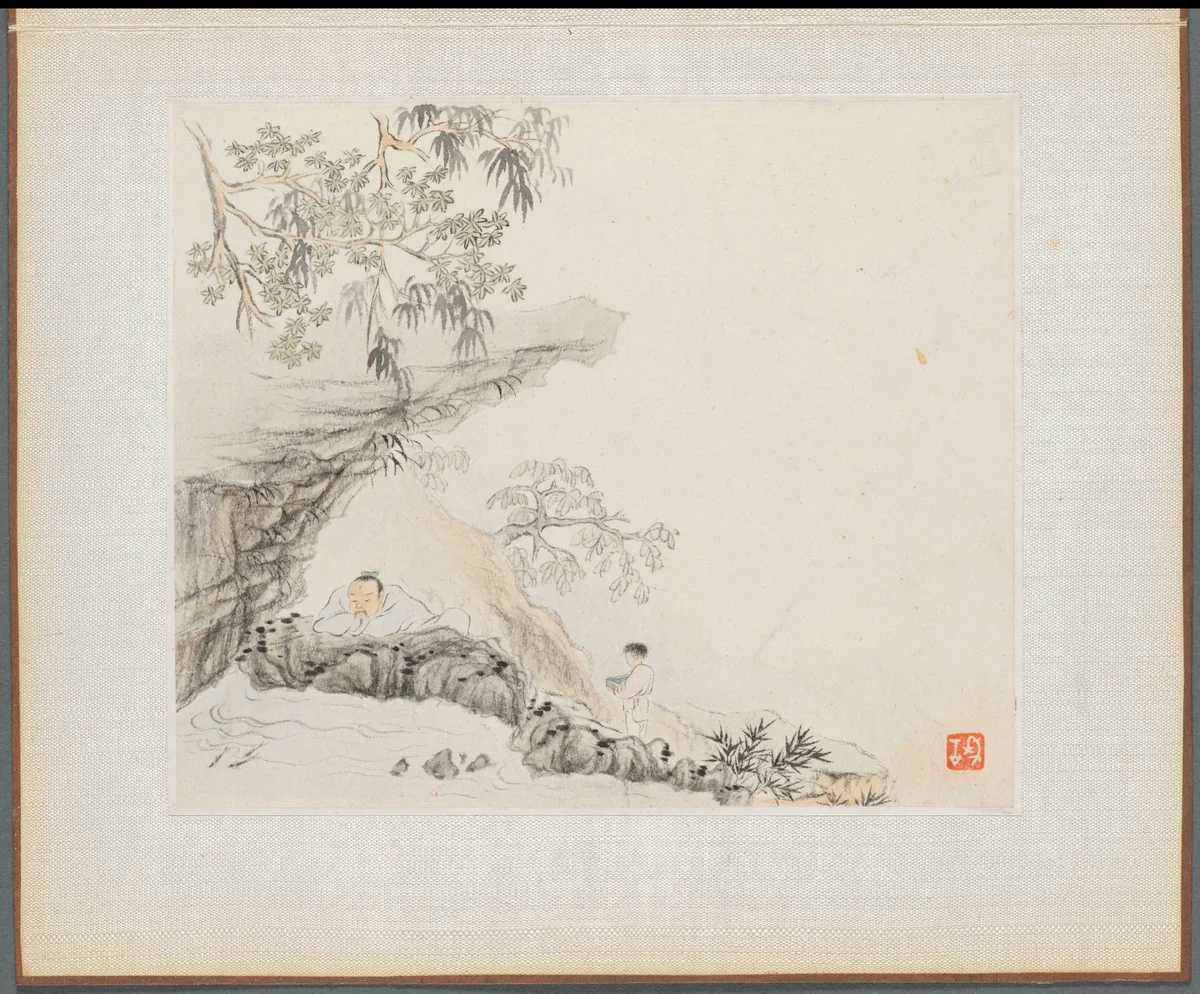 Album of Landscape Paintings Illustrating Old Poems: Scholar watching Fish by Hua Yan, painting, 1745