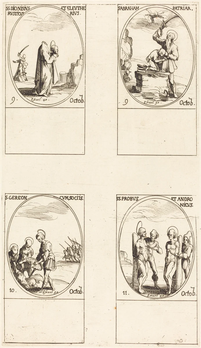 St. Dionysius, Rusticus & Eleutherius; St. Abraham; St. Gereon & Companions; Sts. Probus & Andronichus by Jacques Callot, print, 1627-1637