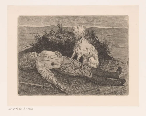 Hond naast het lichaam van een overleden soldaat by Willem Geets, print, 1874-1875