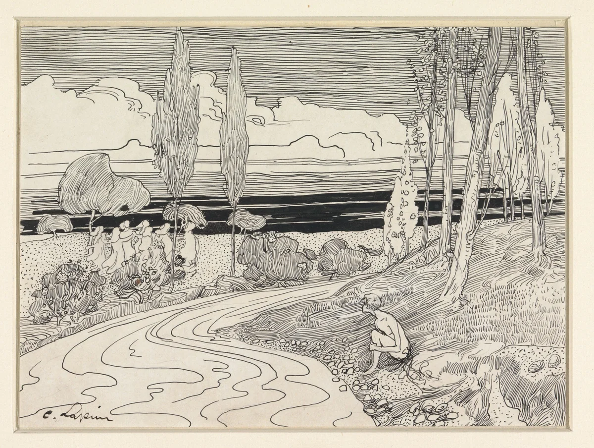 Dansende vrouwen in landschap; een jongen zit langs de kant van de weg by C. Lapine, drawing, 1895-1900