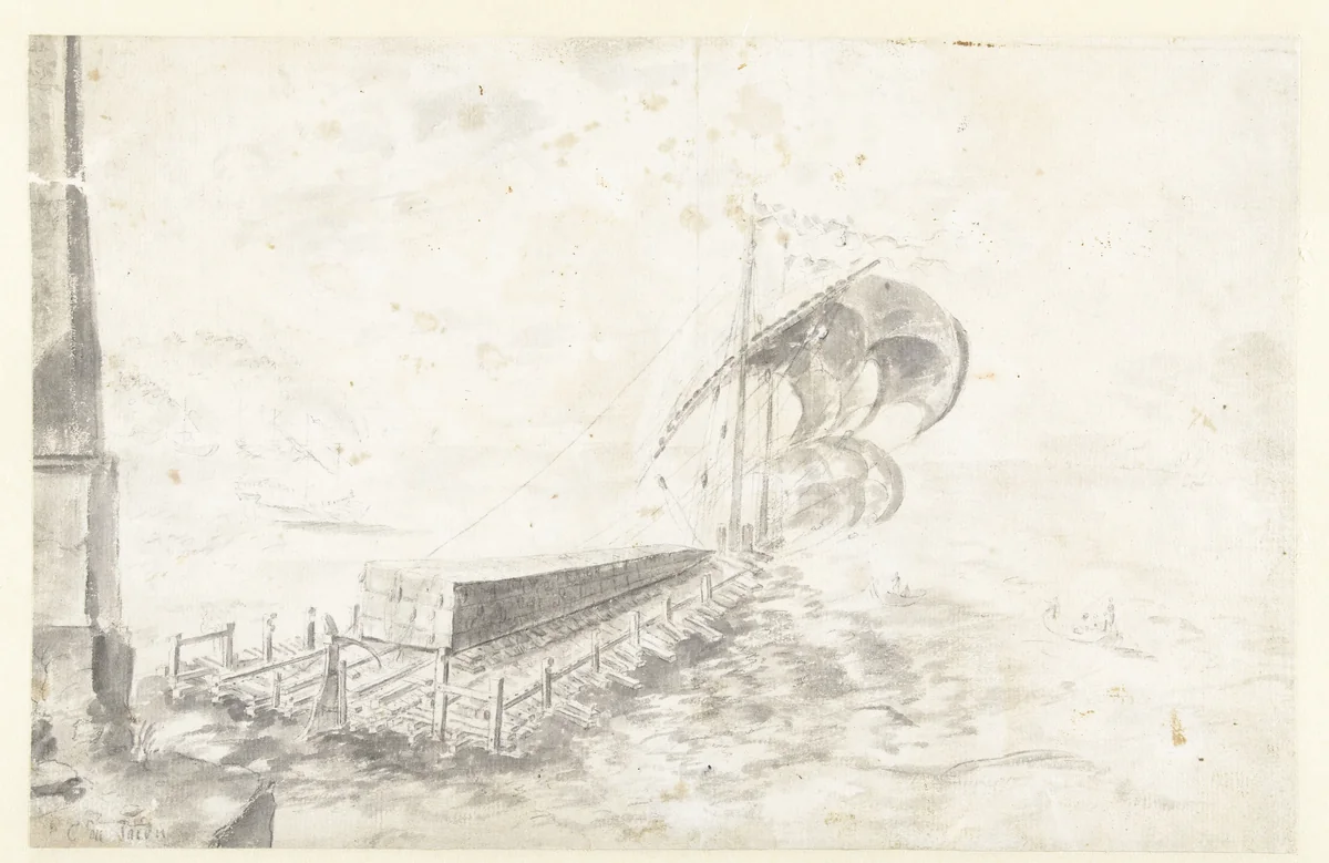 Harbour Scene with an Obelisk Being Transported on a Wooden Raft by Guilliam du Gardijn, drawing, 1605-1647