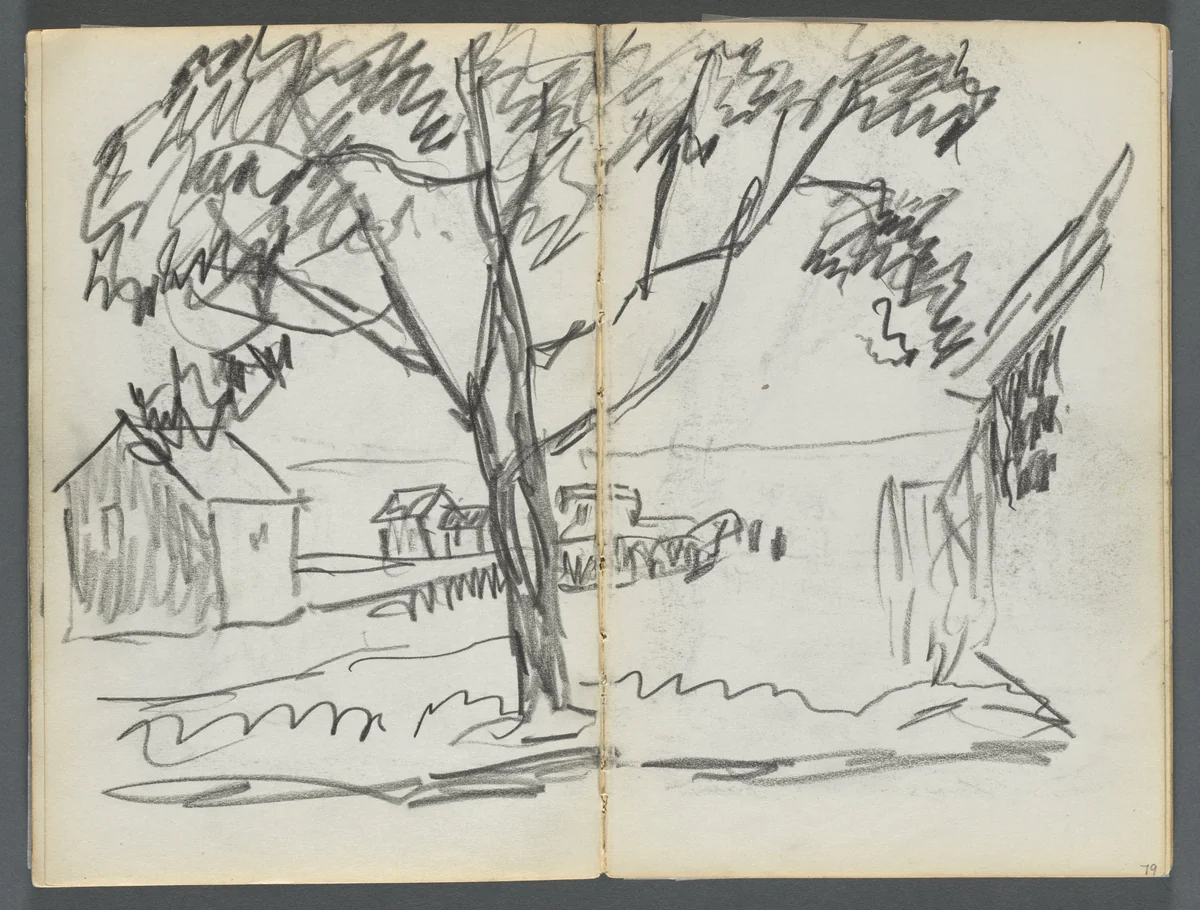 Sketchbook, The Dells, N° 127, page 078 & 79: Landscape with Houses by Maurice Prendergast, book, 1919-1921