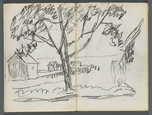 Sketchbook, The Dells, N° 127, page 078 & 79: Landscape with Houses by Maurice Prendergast, book, 1919-1921