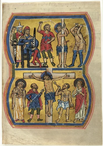 The Flagellation and The Crucifixion, from a Psalter by German, painting, 1234-1244